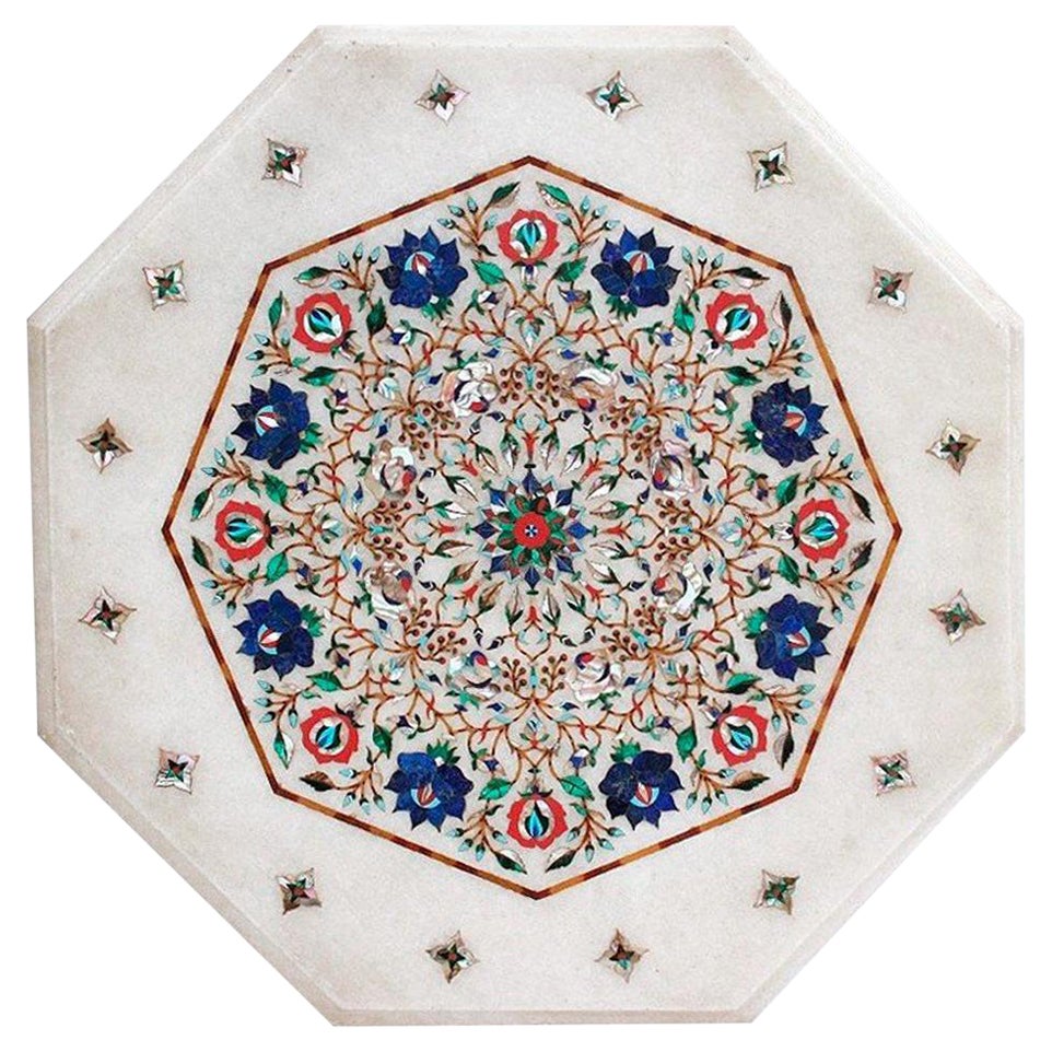 Octagonal Hand-Carved Marble Table with Pietre Dure Inlay Mosaic