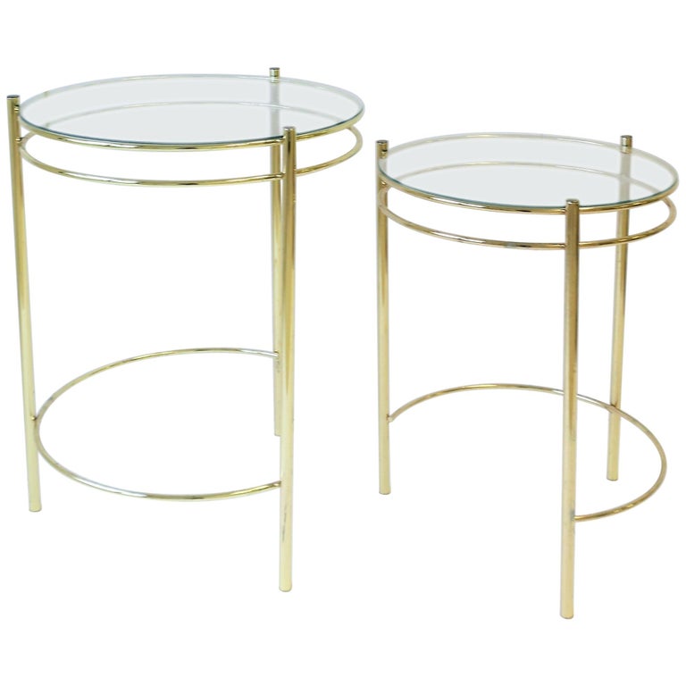Set Round Brass And Glass Nesting End Or Side Tables For At 1stdibs Set Round Brass And Glass Nesting End Or Side Tables For