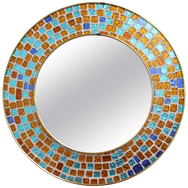 Midcentury Spanish Circular Brass Wall Mirror With Decorative Mosaic Glass