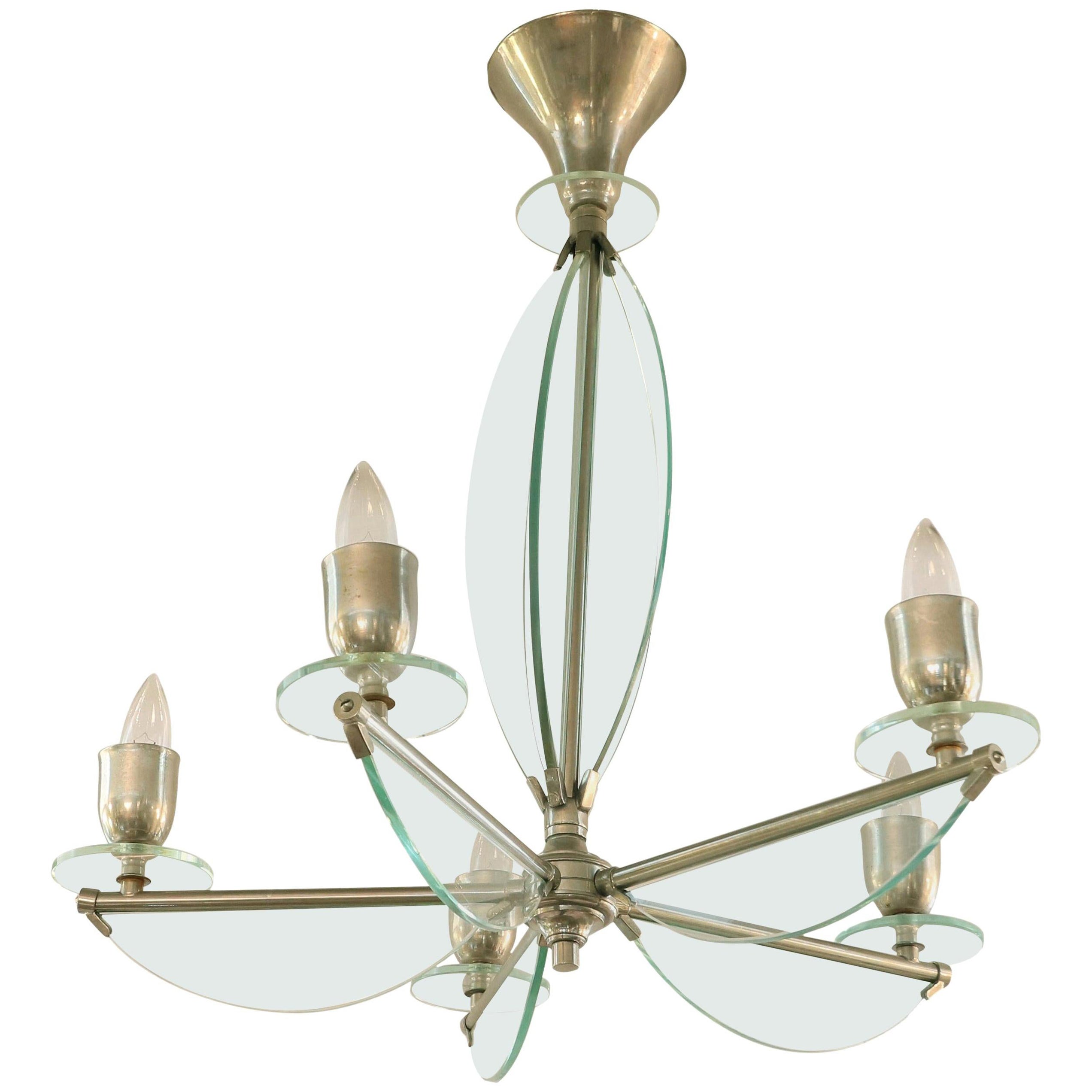 1950s Italian Glass and Chrome Chandelier with Five Lights For Sale