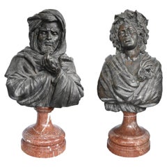 Large Othello and Desdemona Bronze Busts on Red Marble Bases