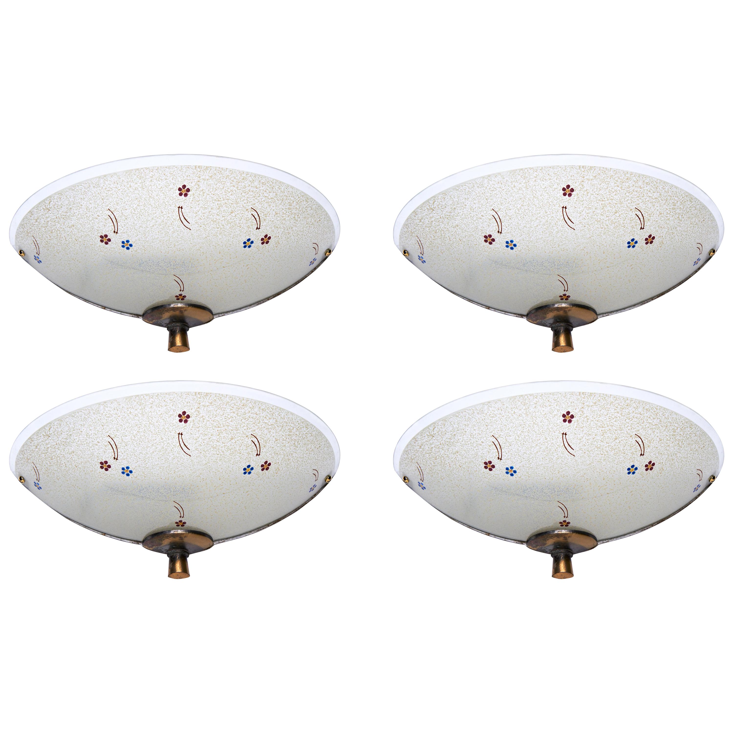 Set of 4 English Art Deco Enameled Frosted Glass and Bronzed Metal Sconces For Sale