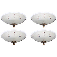 Vintage Set of 4 English Art Deco Enameled Frosted Glass and Bronzed Metal Sconces
