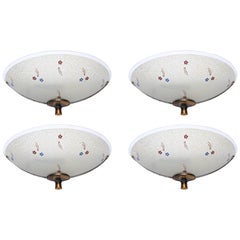 Set of 4 English Art Deco Enameled Frosted Glass and Bronzed Metal Sconces