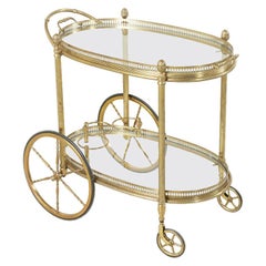 Midcentury French Maison Jansen Brass Bar Cart Glass Shelves and Removable Tray