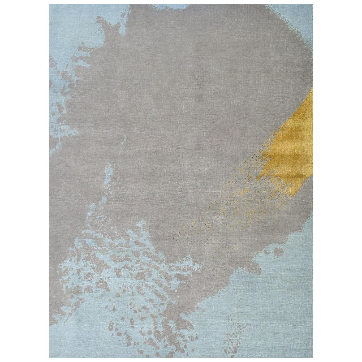 Light Blue Gray Gold Modern Abstract Hand Knotted Rug  For Sale