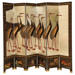 Chinese Lacquer and Silver Leaf Six-Panel Folding Screen