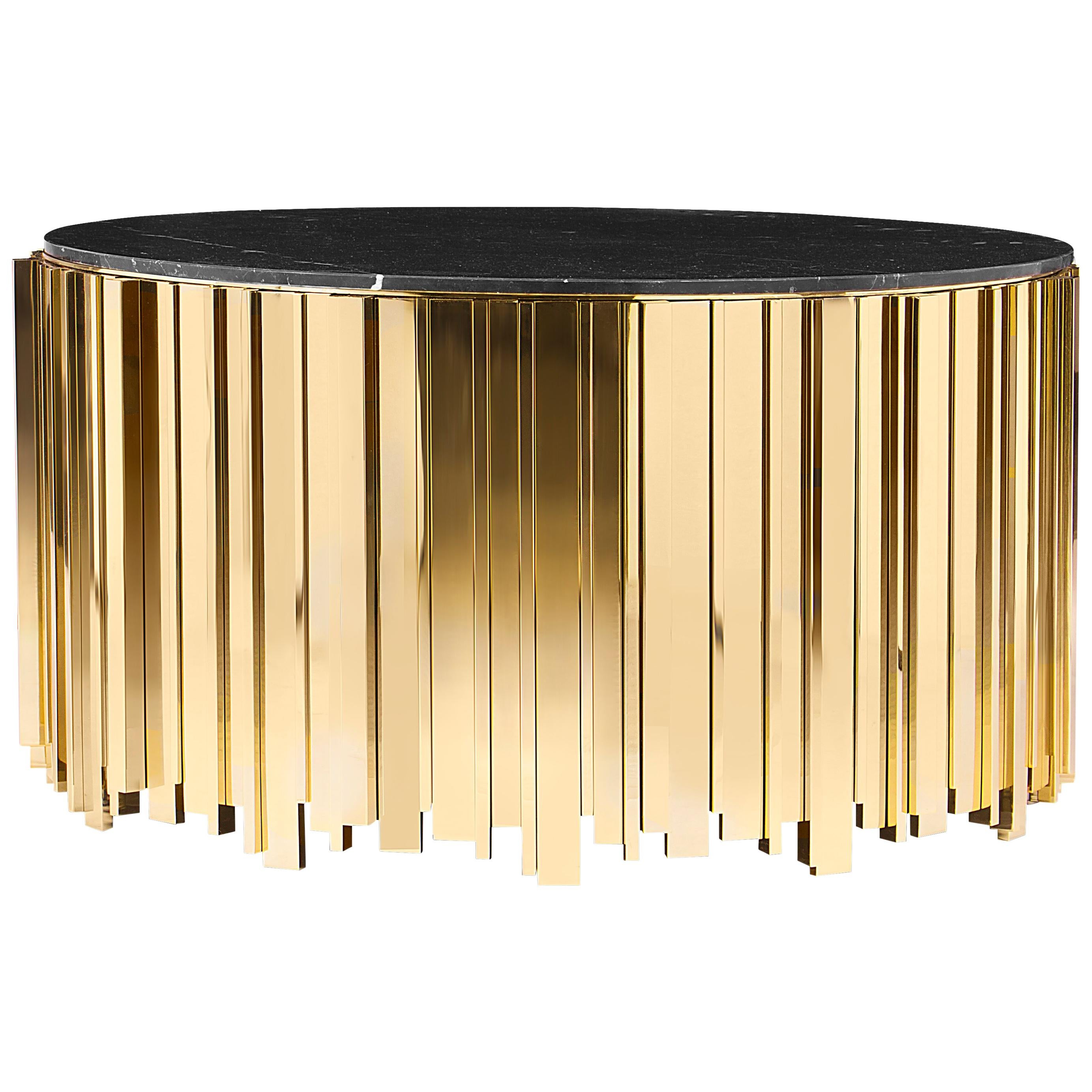 Empire Round Coffee Table with Brass Base and Nero Marquina Marble Top For Sale