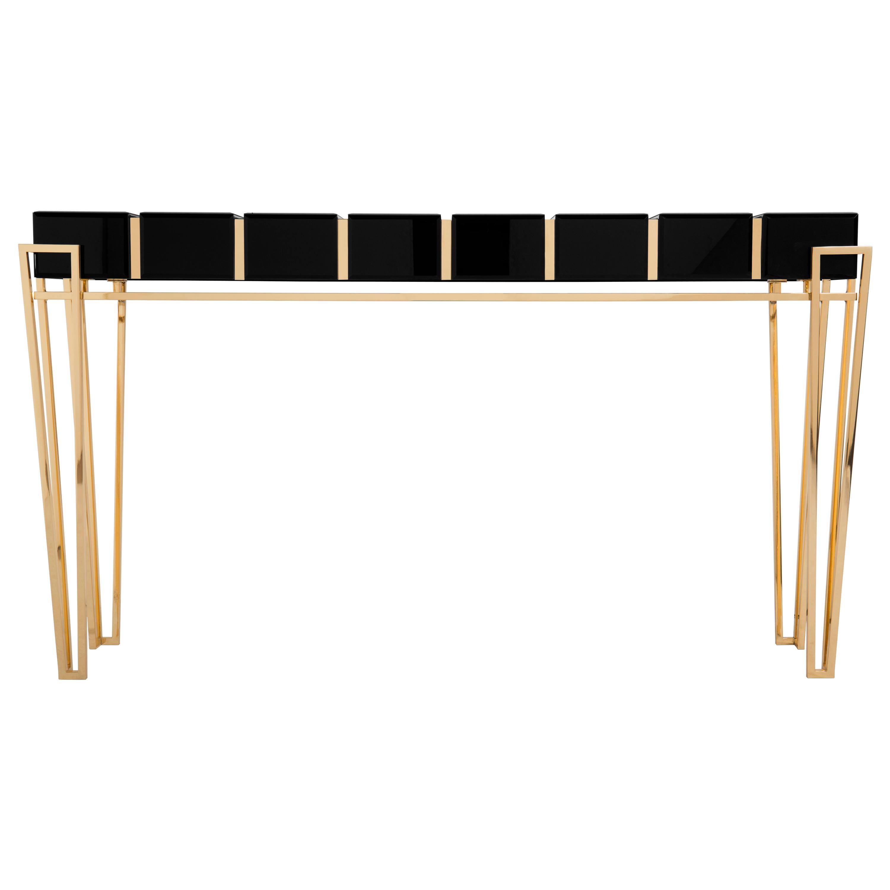 Nubian Console Table with Brass, Black Glass Top and Walnut Root Venner For Sale
