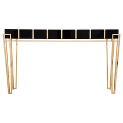 Nubian Console Table with Brass, Black Glass Top and Walnut Root Venner