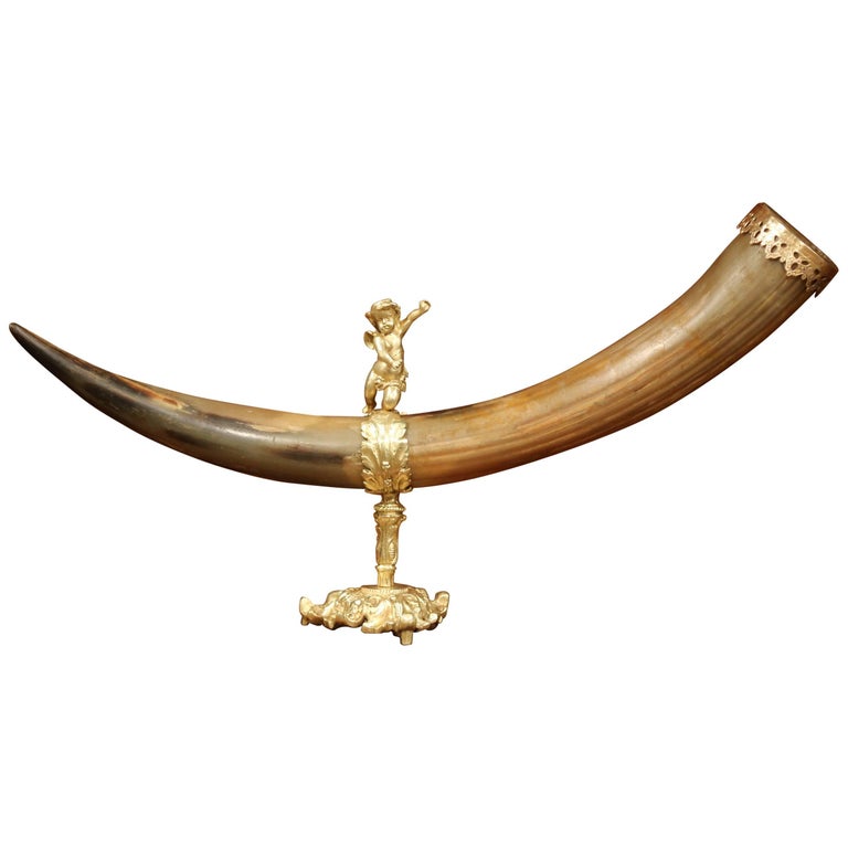 19th Century French Drinking Horn Cornucopia Vase on Bronze Base with