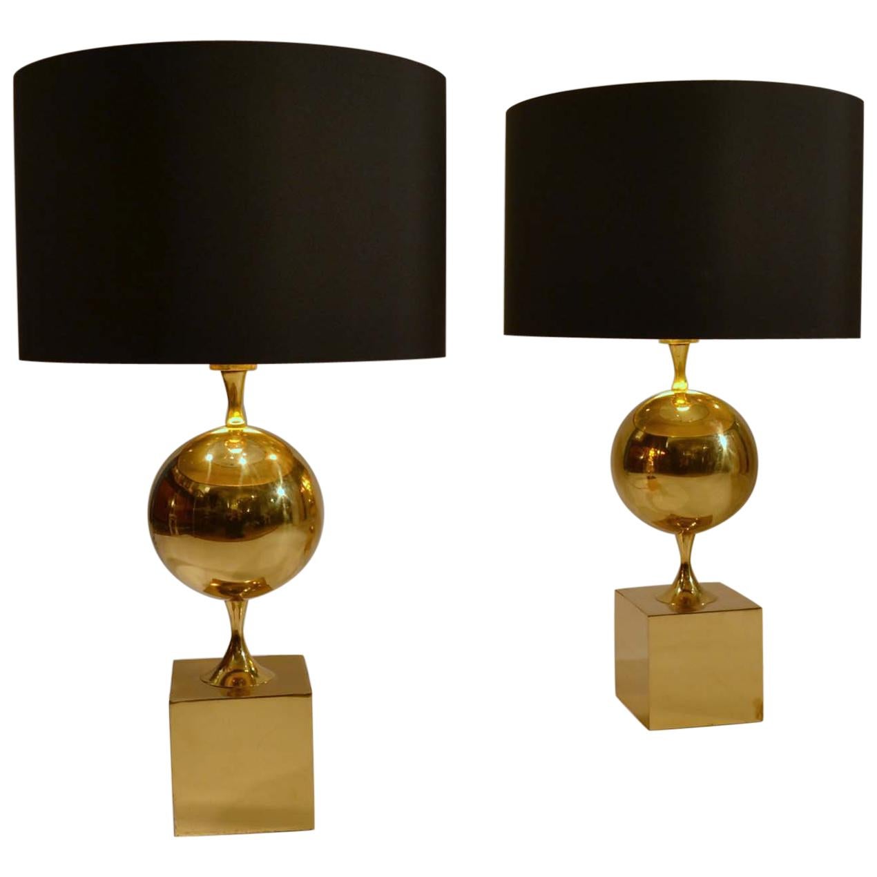 1970s Pair of Geometric Brass Table Lamps by Maison Philippe Barbier, France