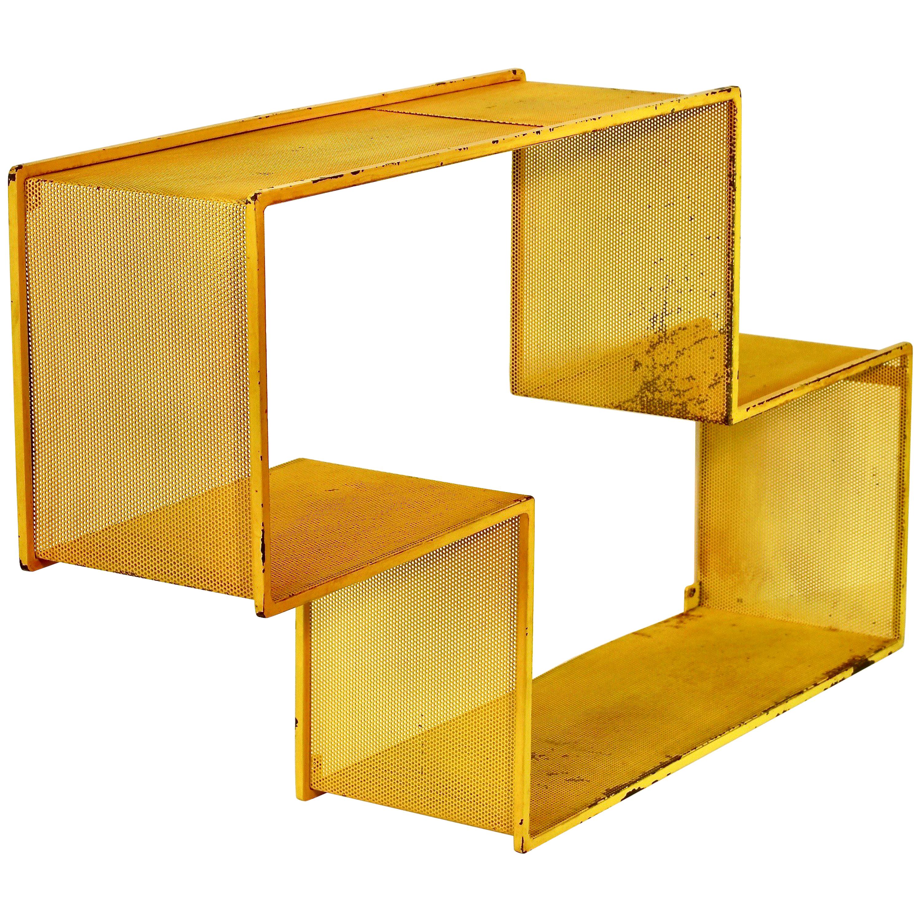 Industrial Vintage Mid-Century Perforated Yellow Metal Bookshelf or Shelves