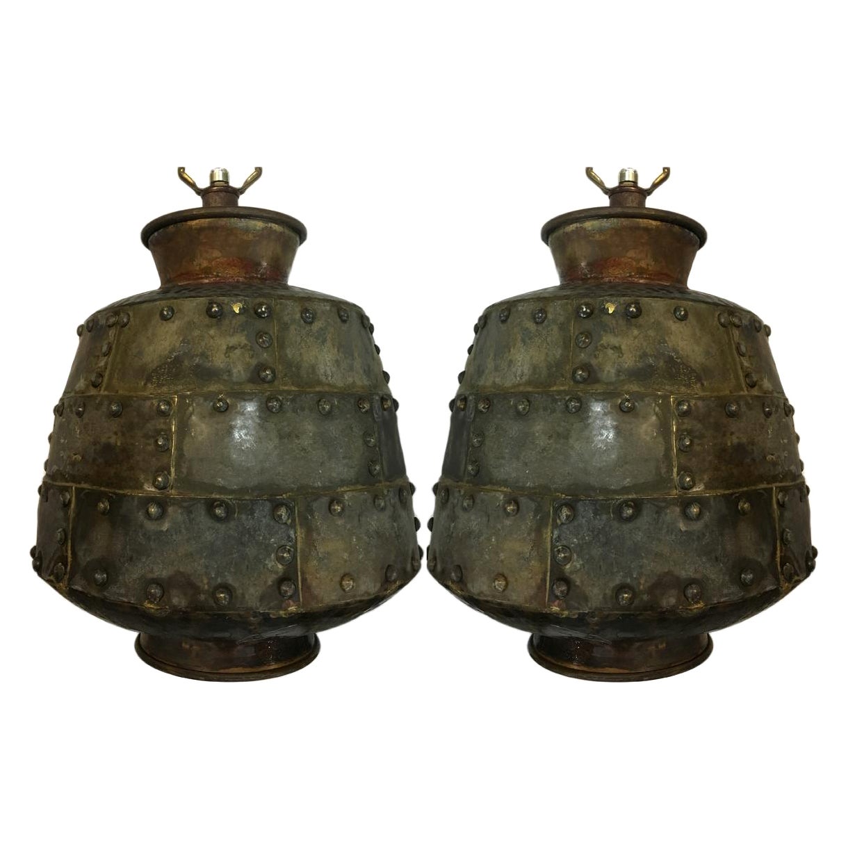 Pair of Mixed Metal Hammered Table Lamps For Sale