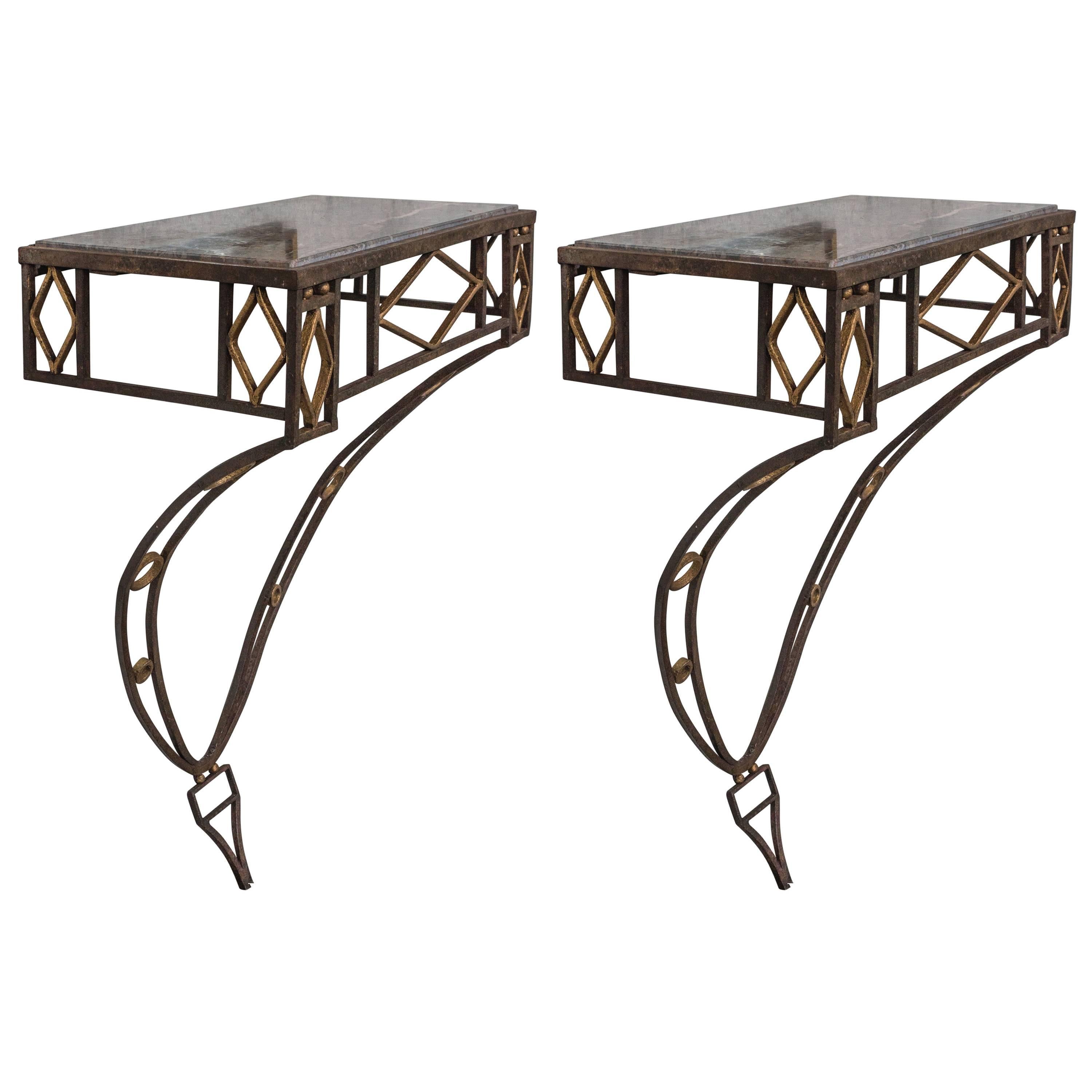 Pair of Art Deco Style Iron Wall-Mounted Consoles