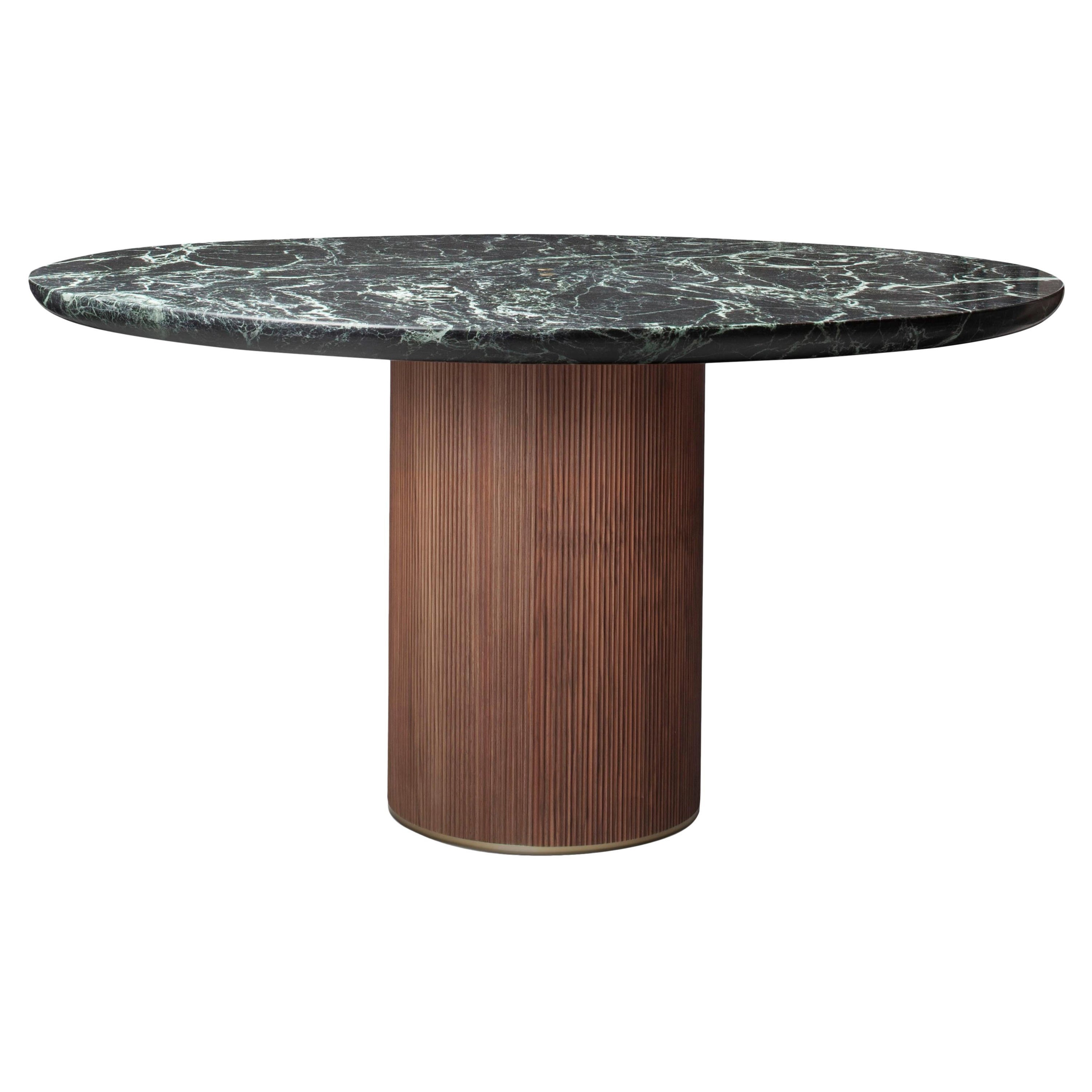 Contemporary QD05 Dining Table with Green Marble Top Walnut Base and Brass