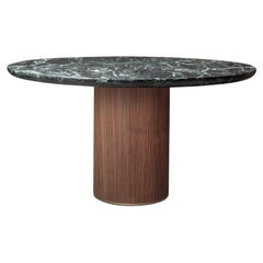 Contemporary QD05 Dining Table with Green Marble Top Walnut Base and Brass