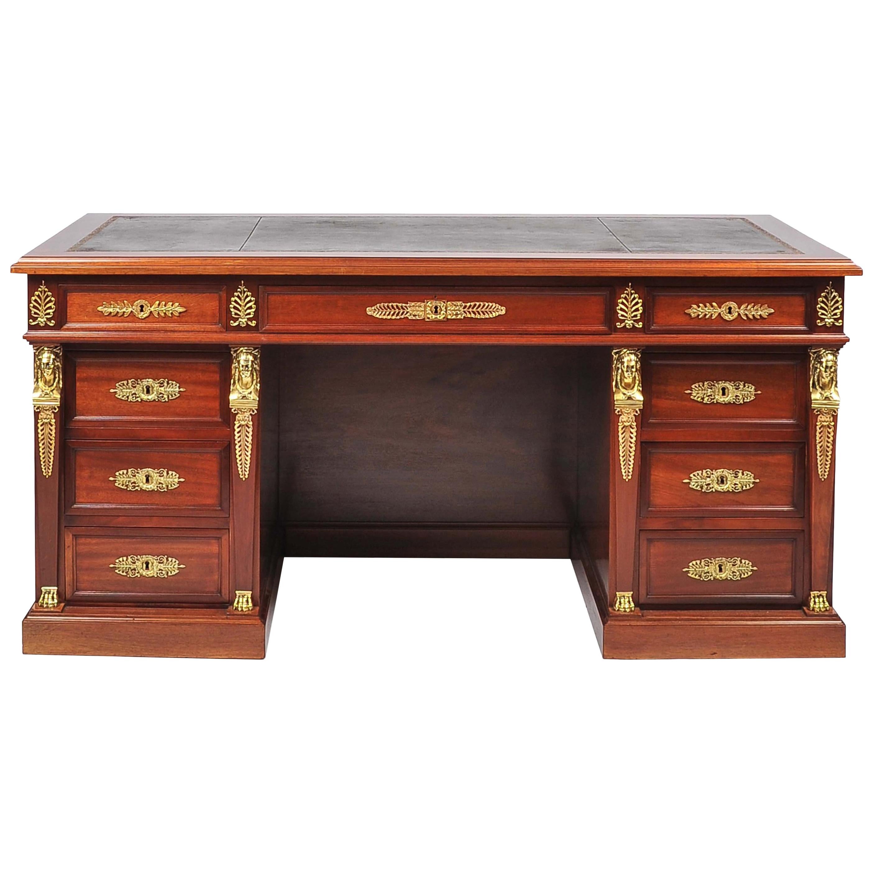 Ormolu-Mounted Mahogany Pedestal Desk in the Empire Style For Sale