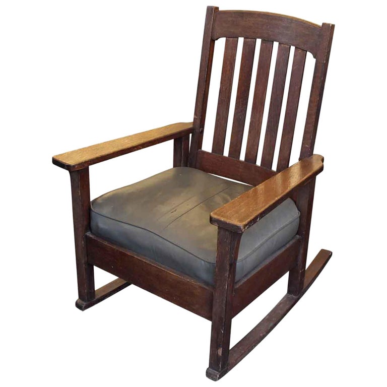 1928 Signed Stickley Oak Rocking Chair For Sale at 1stDibs