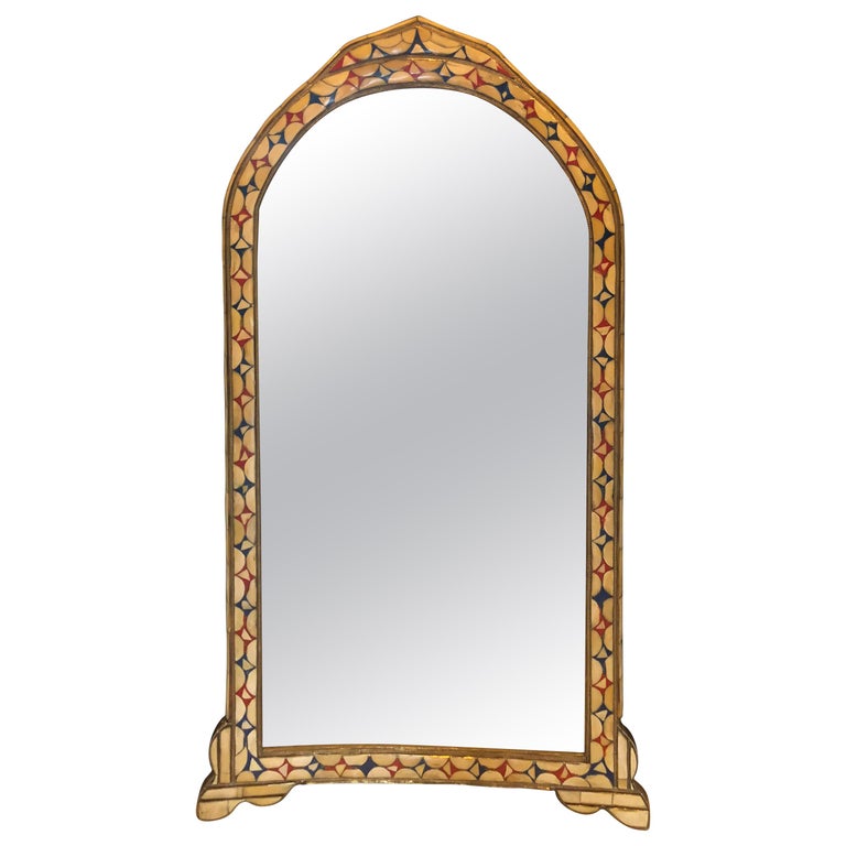 Moroccan White Red And Blue Colored Bone Over Brass Frame Floor Wall Mirror