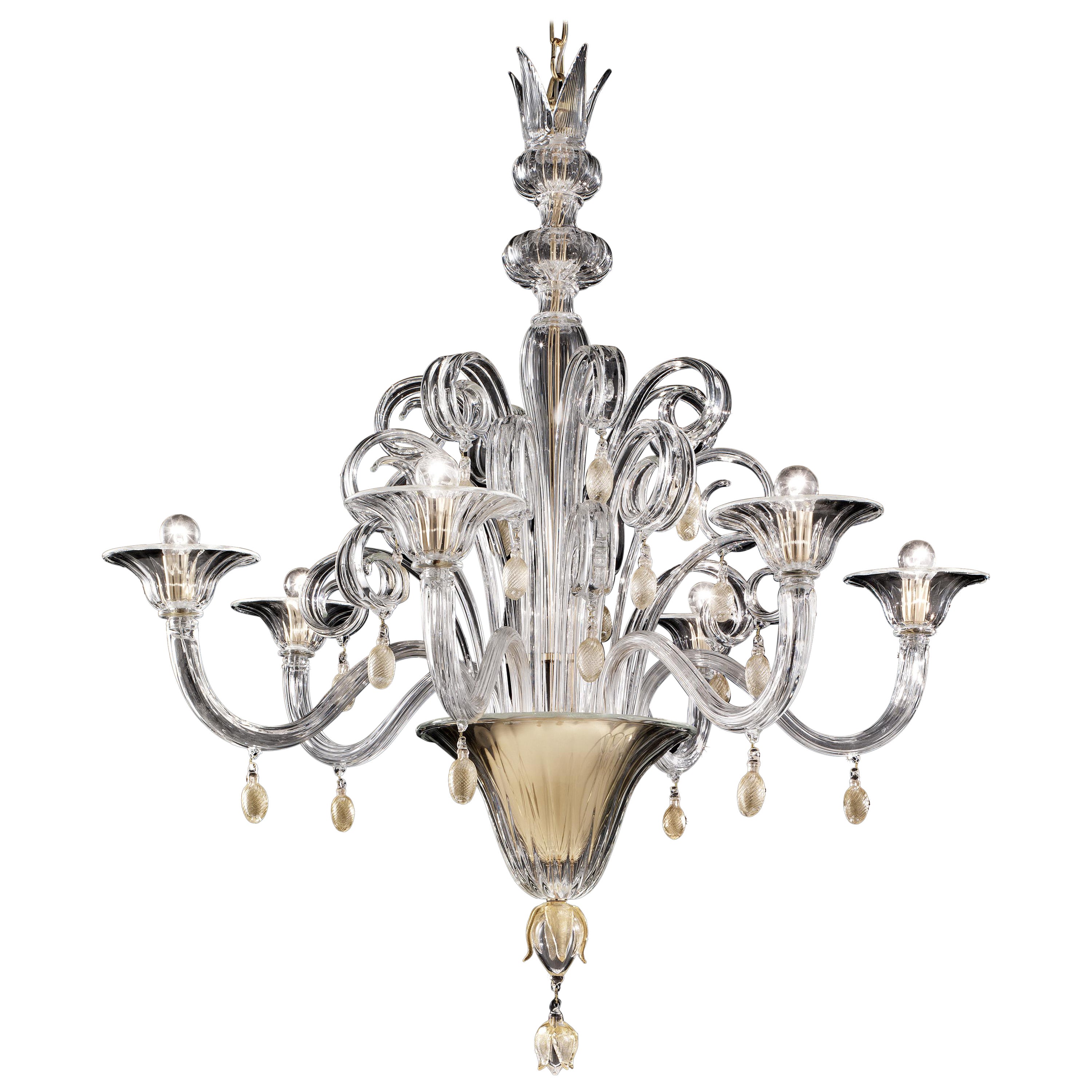 Lámpara de araña Venini Vittoriale de 6 luces en blanco y cristal de Napoleone Martinuzzi