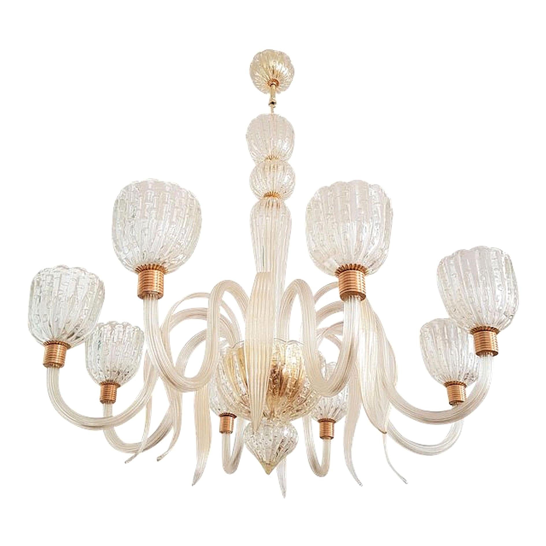 Large Eight Lights Mid-Century Modern Murano Clear Glass Chandelier by Barovier