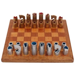 1960s Bespoke Brutalist Gold Anodised Aluminum and Walnut Chess Set
