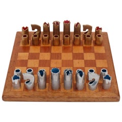 1960s Bespoke Brutalist Gold Anodised Aluminum and Walnut Chess Set