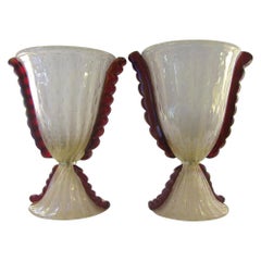 Barovier & Toso - Grande paire de lampes en verre de Murano perlé aux accents rouges