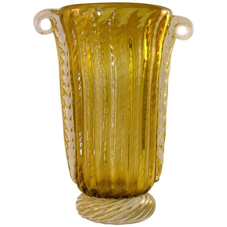 Pino Signoretto Romantic Italian Ribbed Murano Glass Vase Worked with Pure Gold