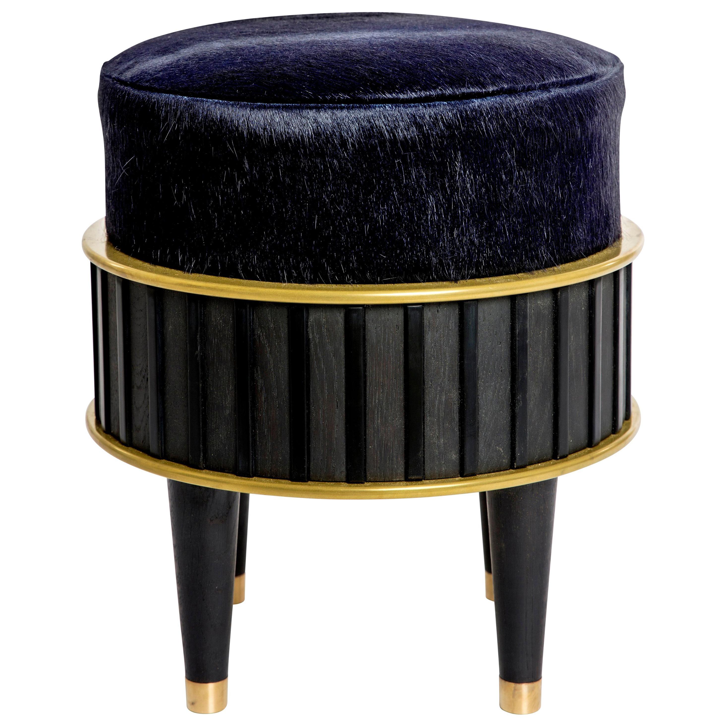 Bisi Stool in Oak Corian Brass and Leather by Felice James For Sale