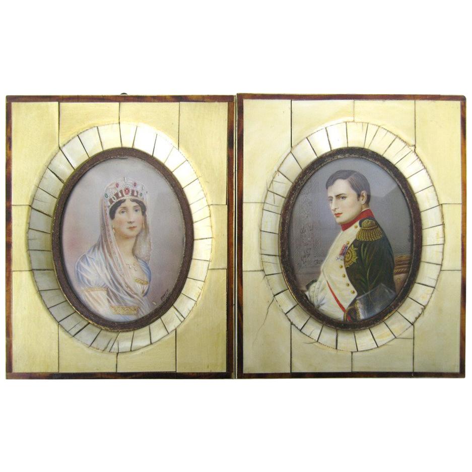 19th Century Pair of Miniatures of Napoleon and Josephine De La Roche