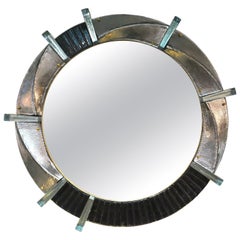 Bespoke Organic Modern Italian Black Silver Aqua Murano Glass Brass Round Mirror