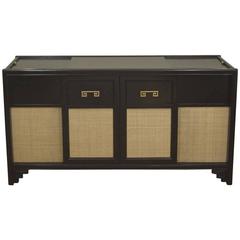 Black Lacquer Credenza with Caned Panels and Greek Key Accent