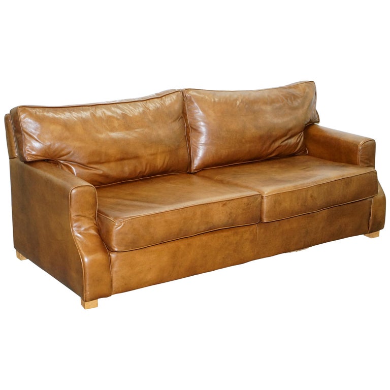 Aged Vintage Heritage Brown Leather Three Seat Sofa Duck Feather Aged Vintage Heritage Brown Leather Three Seat Sofa Duck Feather Cushions For