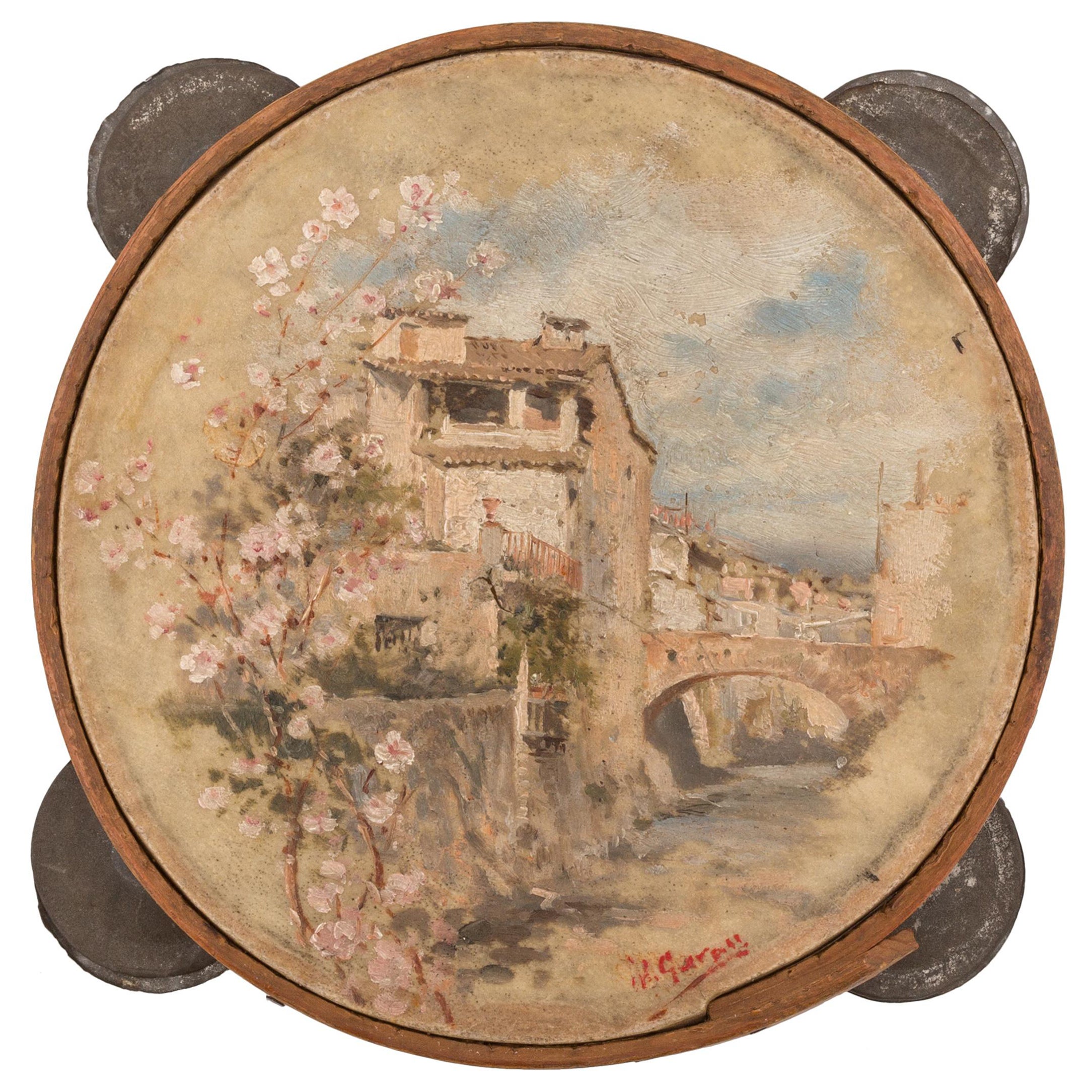 19th Century Hand-Painted Folk Art Spanish Tambourine with Artist's Signature