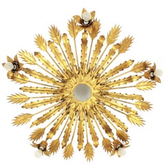 Large Five Lights Brutalist Gilt Iron Floral Sunburst Light Fixture Spain, 1950s
