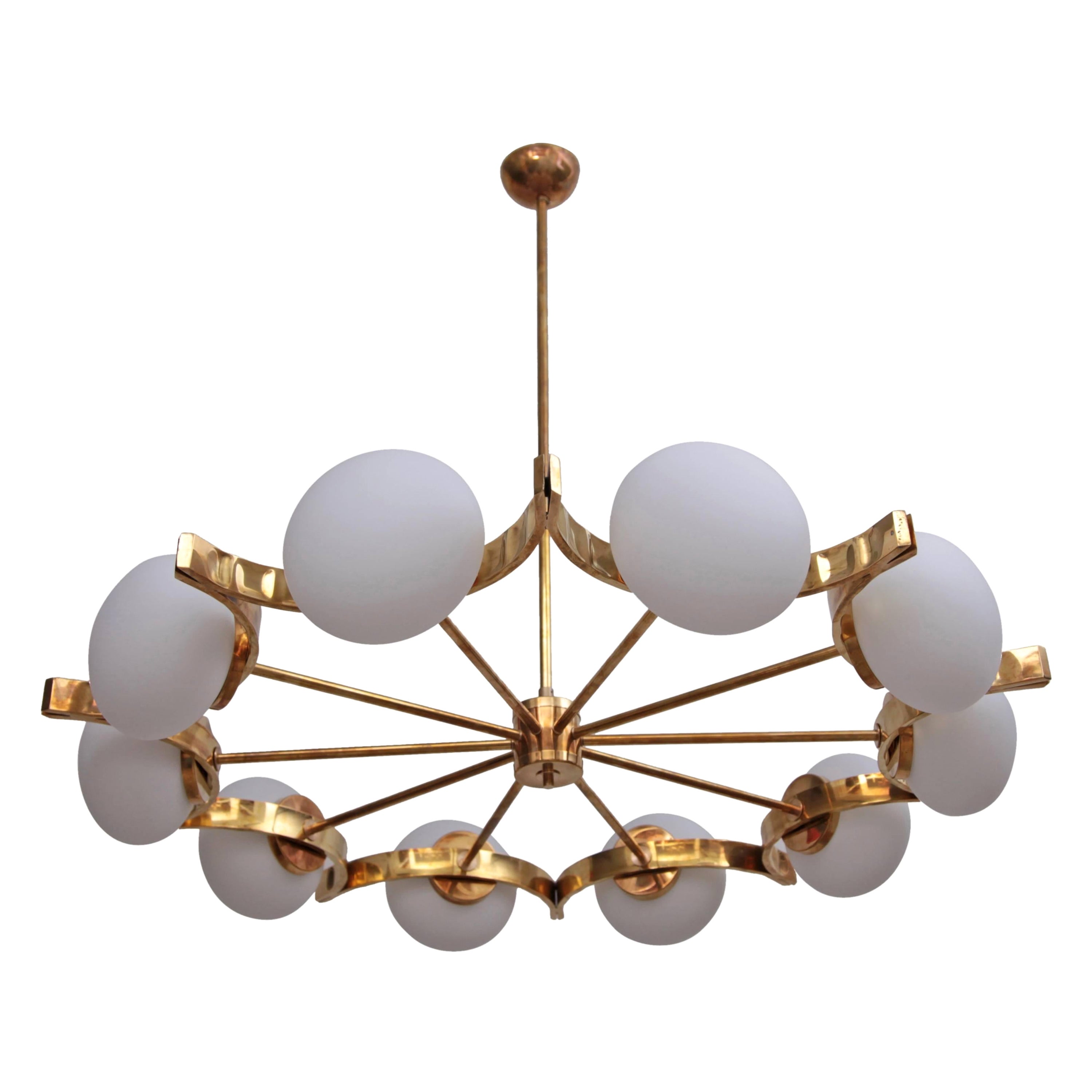 Huge Murano Glass and Brass Chandelier in the Manner of Fontana Arte For Sale