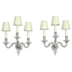 Large Pair of Art Deco Faceted Crystal Glass Wall Lamps Sconces Baccarat Style