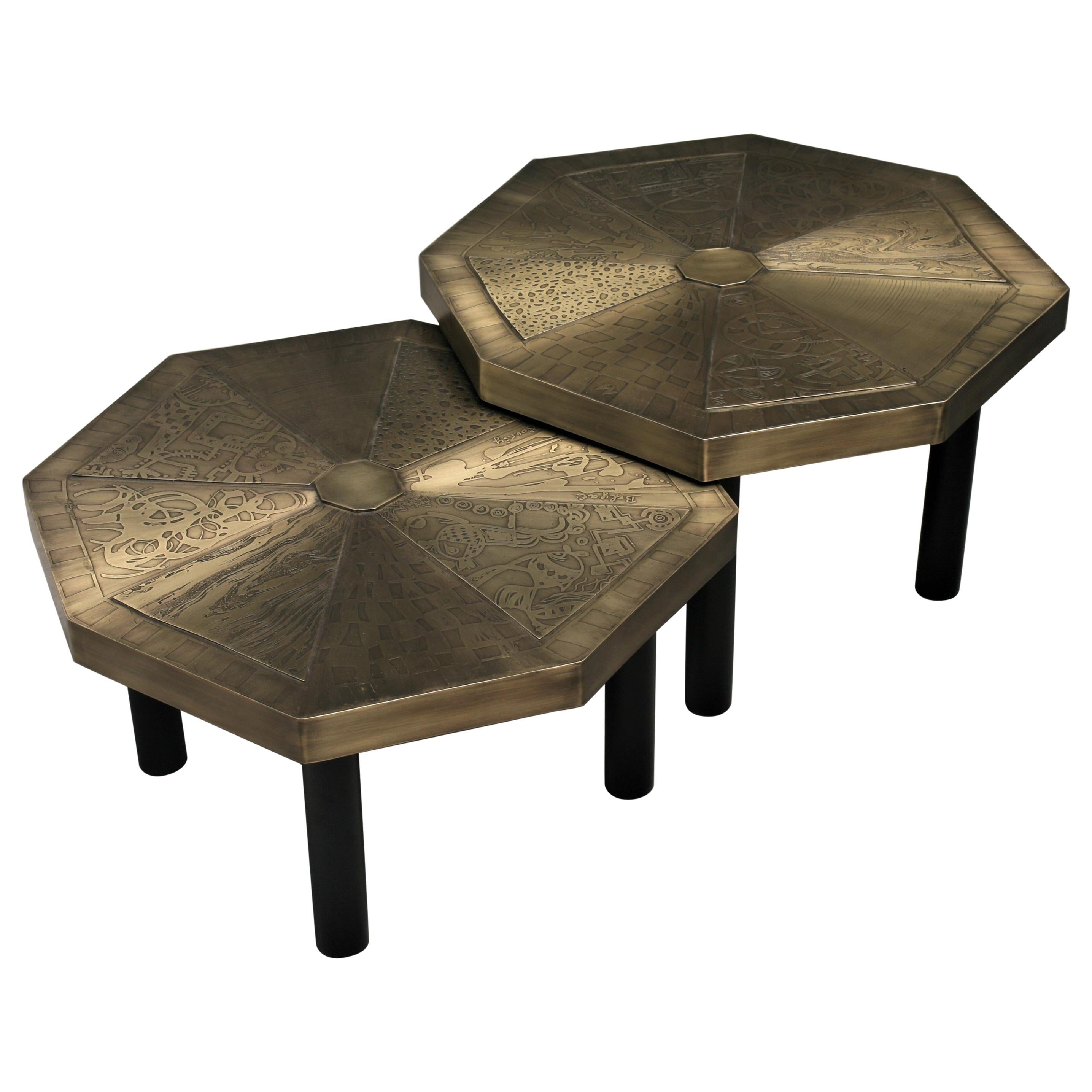 Two Octagonal Coffee Tables, Patinated Acid Etched Brass For Sale