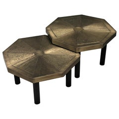 Two Octagonal Coffee Tables, Patinated Acid Etched Brass