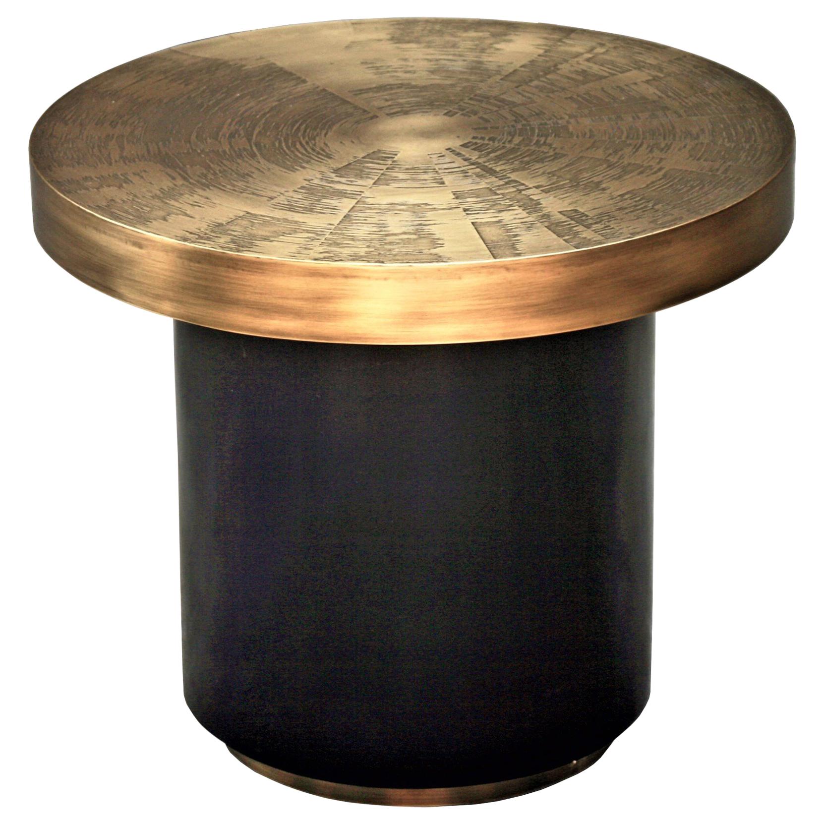 Small Round Coffee Table by Belgali Acid Etched Brass For Sale