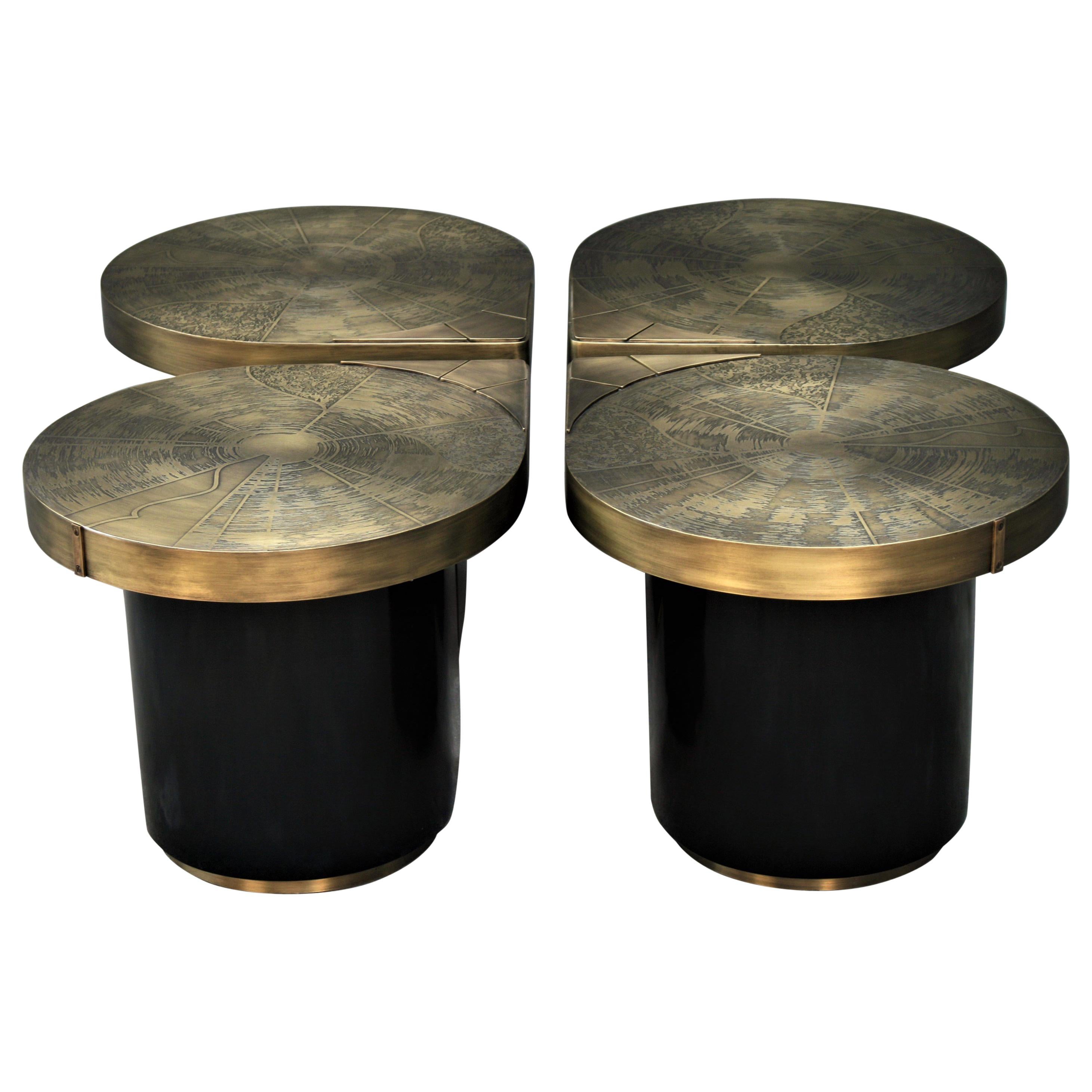 Four Matching Coffee Tables, Teardrops, Patinated Acid Etched Brass For Sale