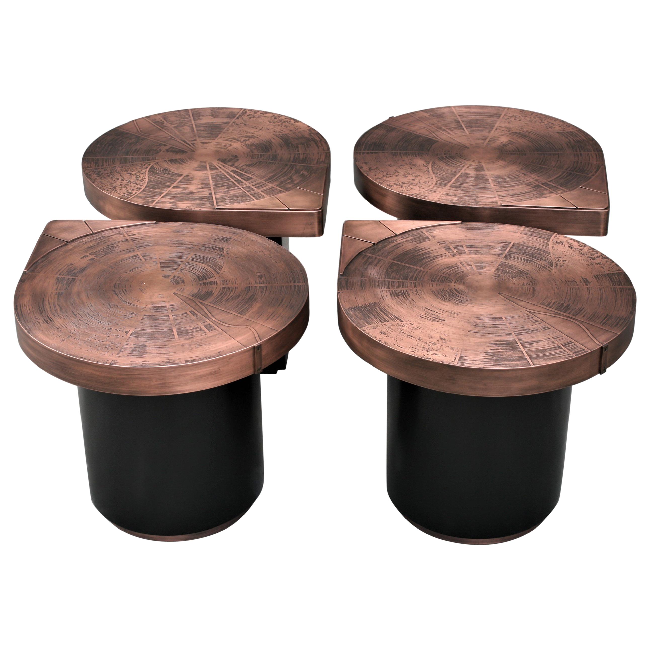 Four Matching Coffee Tables, Teardrops, Patinated Acid Etched Copper For Sale