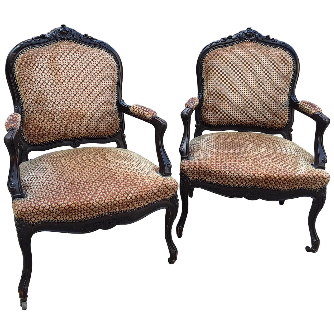 19th Century Pair of Italian Ebonized Wood Armchairs with Original Fabric, 1890s For Sale