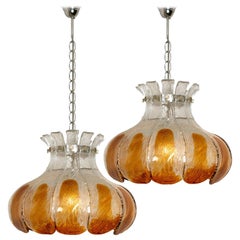 Pair of AV Mazzega Amber Glass Flower Chandeliers, Italy