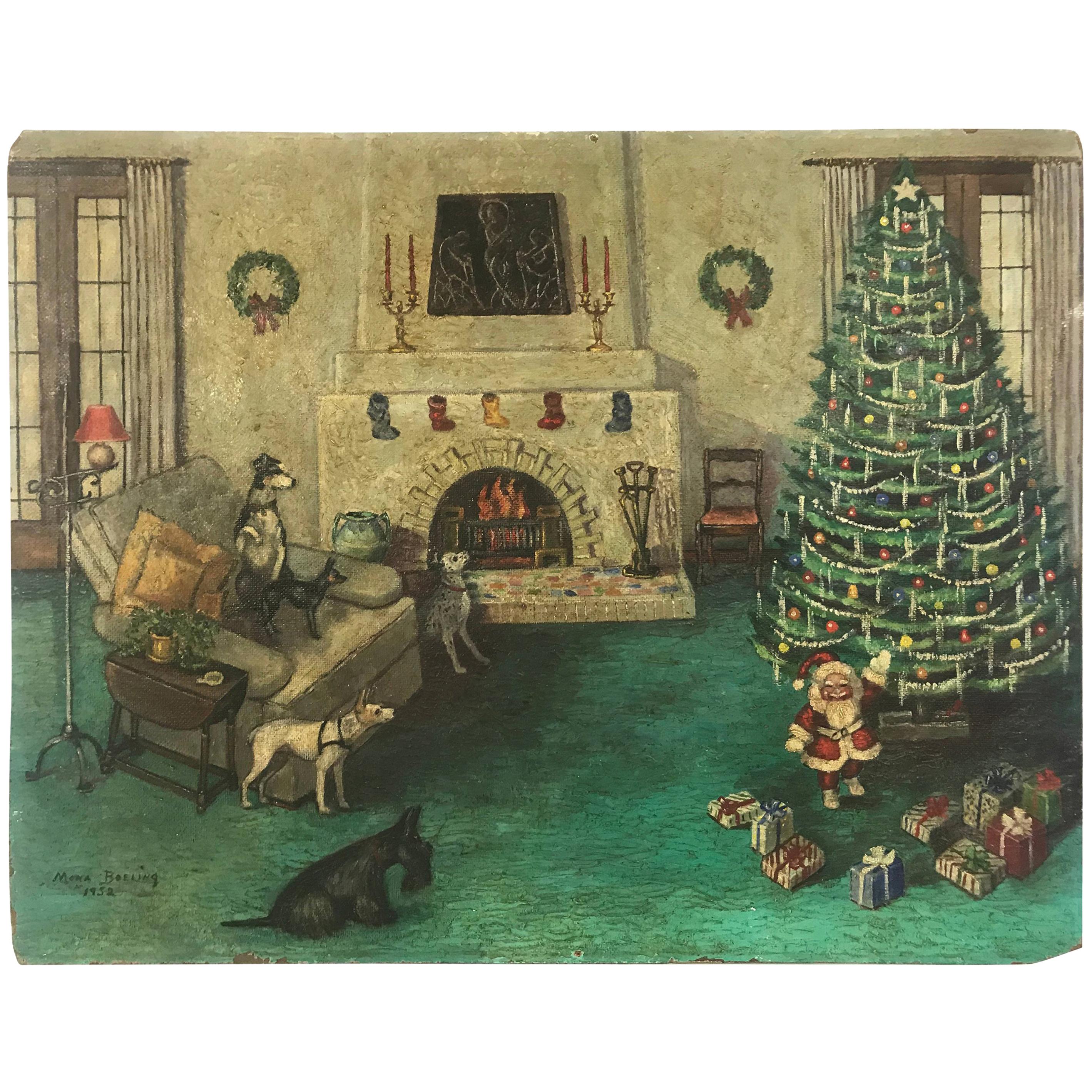 Painting of a Pack of Dogs and a Small Santa on Christmas