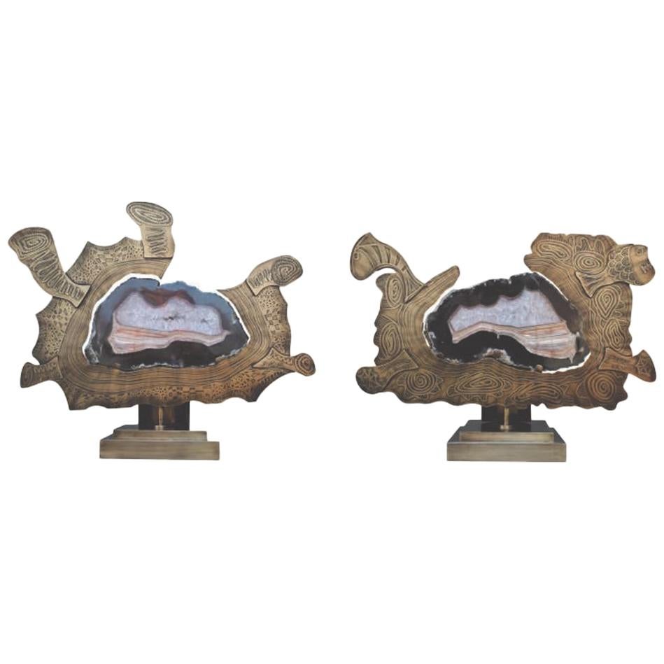 Pair of Matching Anemon Agate Stone Slice with Brass on Decorative Stand For Sale
