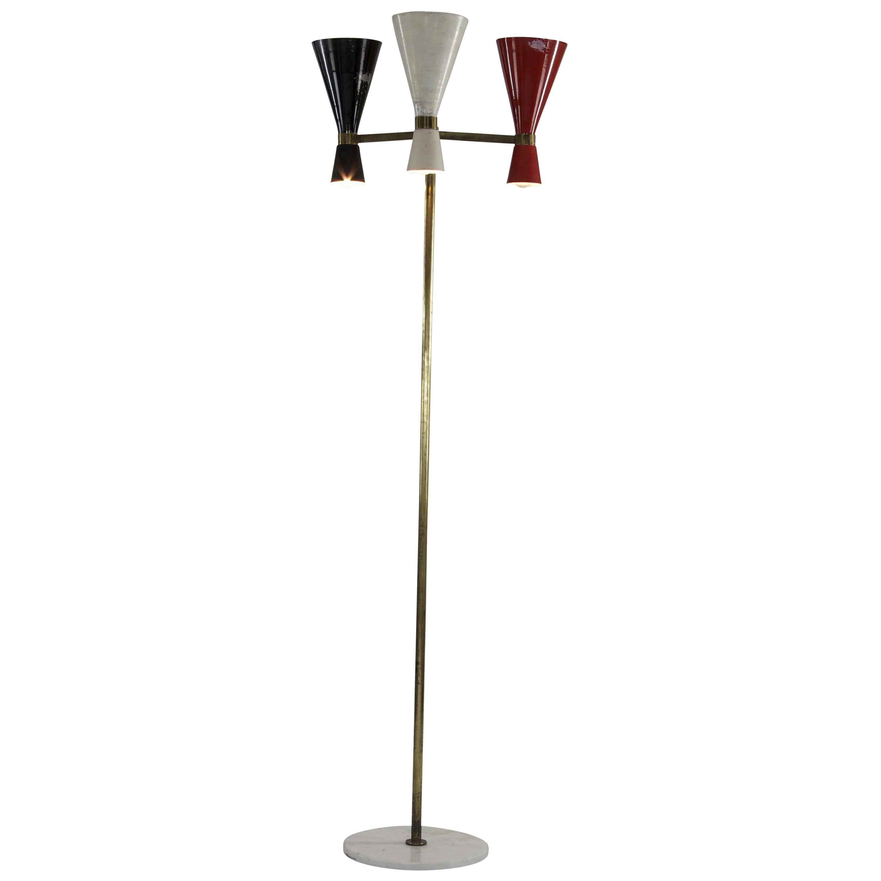 Italian Floor Lamp with Red White Black Colored Metal Shades, Marble Base, 1950s For Sale