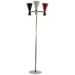 Vintage Italian Floor Lamp with Red White Black Colored Metal Shades, Marble Base, 1950s